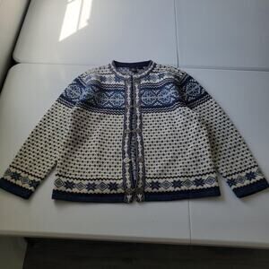 Skyr Nordic Fair Isle Cardigan Sweater Womens Large Blue 100% Wool Ski